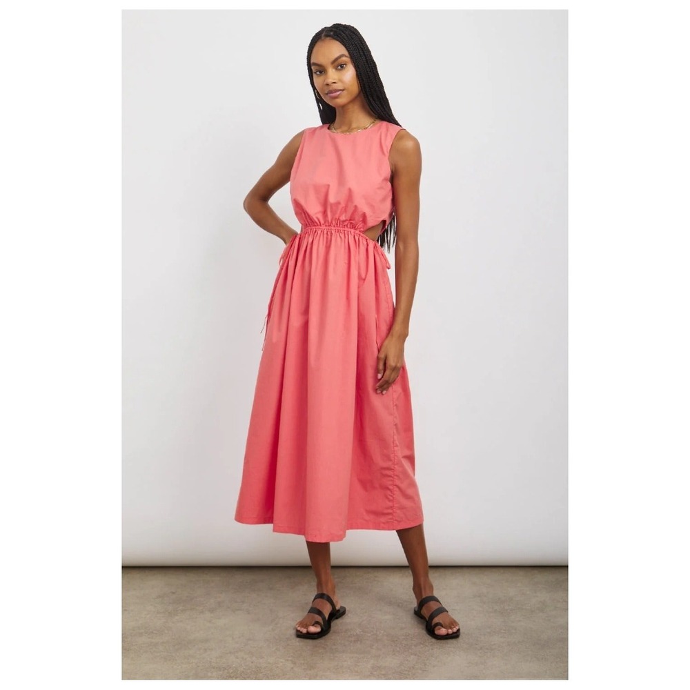 Rails Yvette Midi Dress Coral Cutout Sleeveless Cinch Waist Cotton Blend L